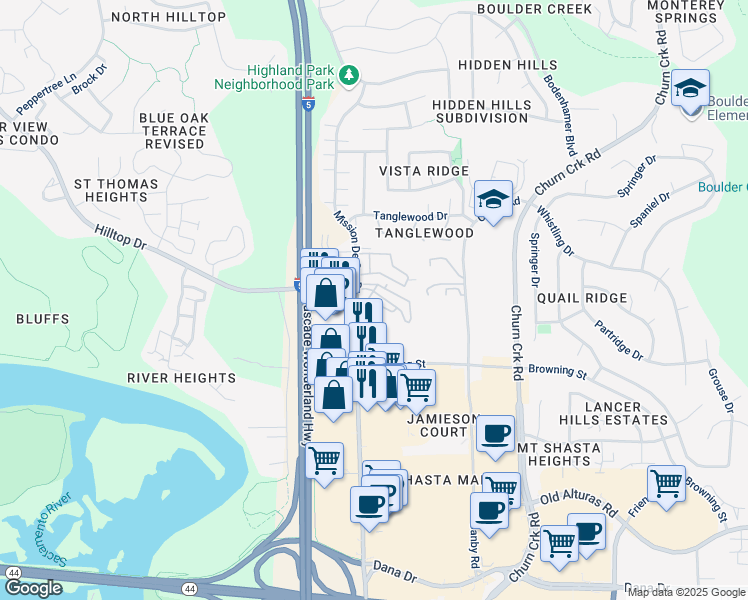 map of restaurants, bars, coffee shops, grocery stores, and more near 801-905 Mission De Oro Drive in Redding