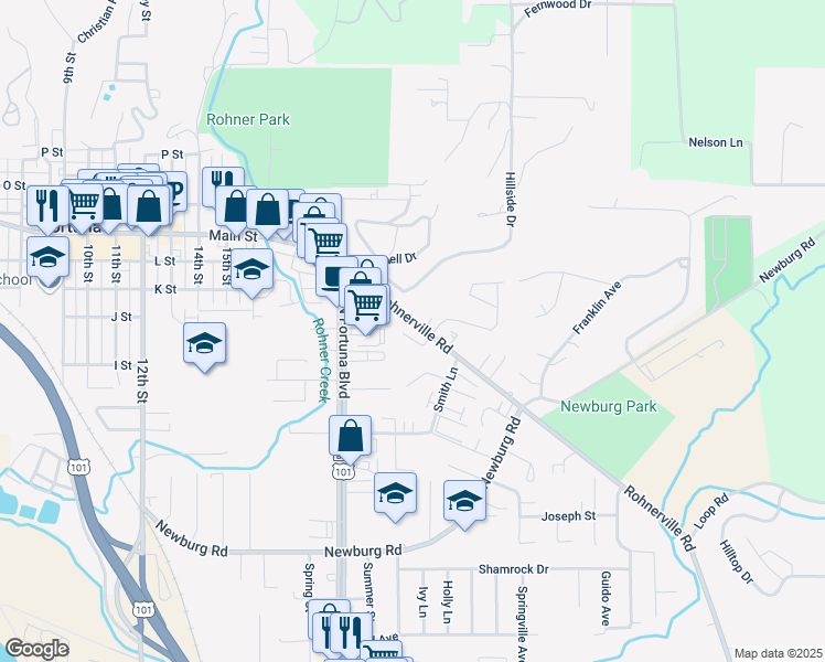 map of restaurants, bars, coffee shops, grocery stores, and more near 2062 David Way in Fortuna