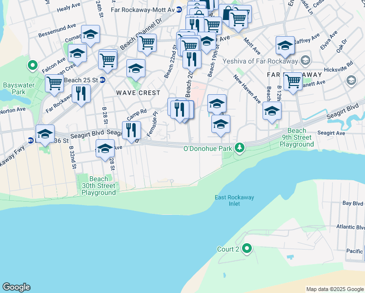 map of restaurants, bars, coffee shops, grocery stores, and more near 20-25 Seagirt Boulevard in Queens