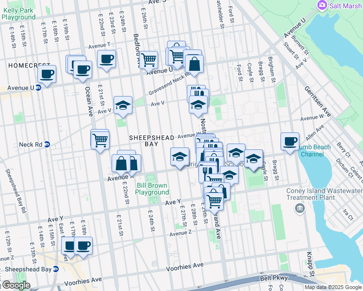 map of restaurants, bars, coffee shops, grocery stores, and more near 2347 East 28th Street in Brooklyn