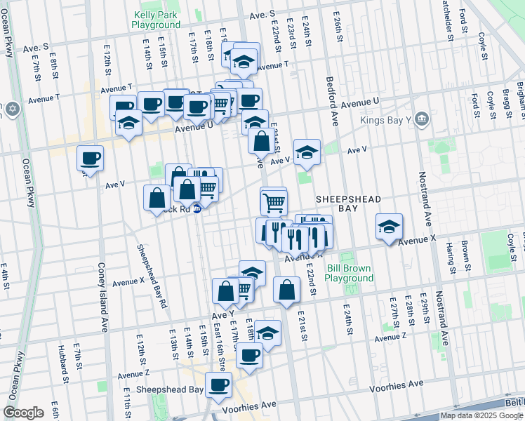 map of restaurants, bars, coffee shops, grocery stores, and more near 2301 East 19th Street in Brooklyn