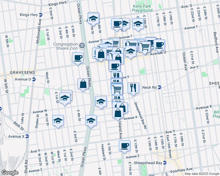 map of restaurants, bars, coffee shops, grocery stores, and more near 2263 East 8th Street in Brooklyn