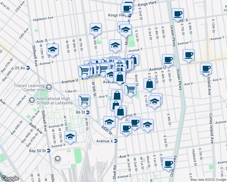 map of restaurants, bars, coffee shops, grocery stores, and more near 2362 McDonald Avenue in Brooklyn