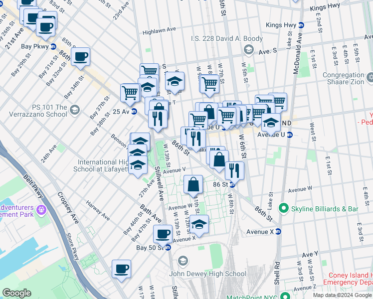 map of restaurants, bars, coffee shops, grocery stores, and more near 2168 West 10th Street in Brooklyn