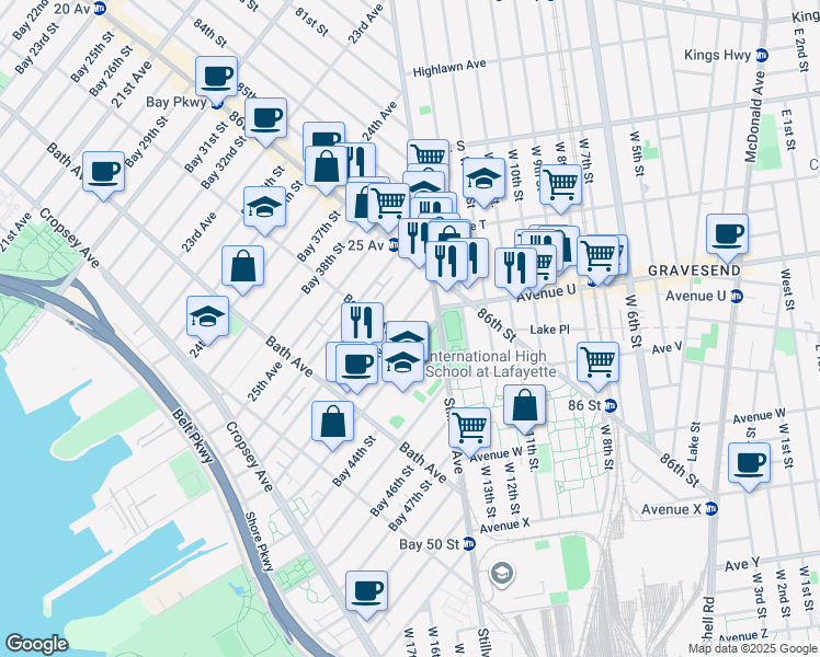 map of restaurants, bars, coffee shops, grocery stores, and more near 2621 Benson Avenue in Brooklyn