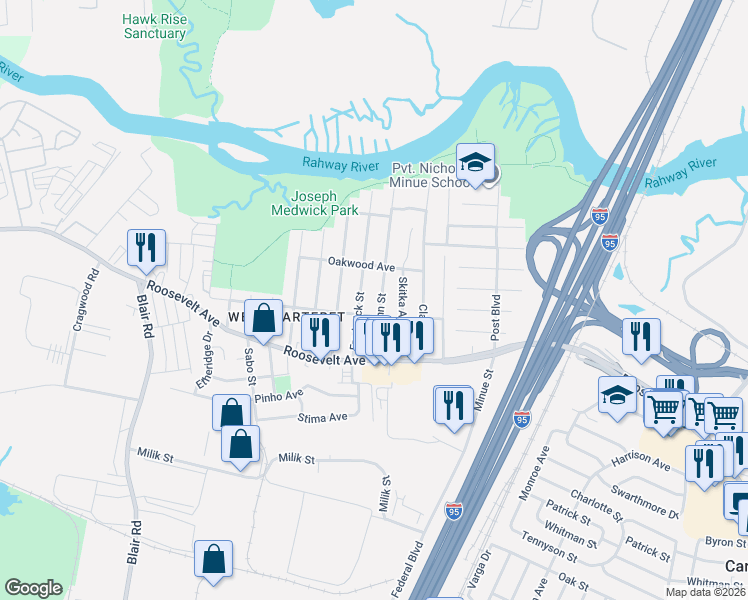 map of restaurants, bars, coffee shops, grocery stores, and more near 121 Hermann Street in Carteret