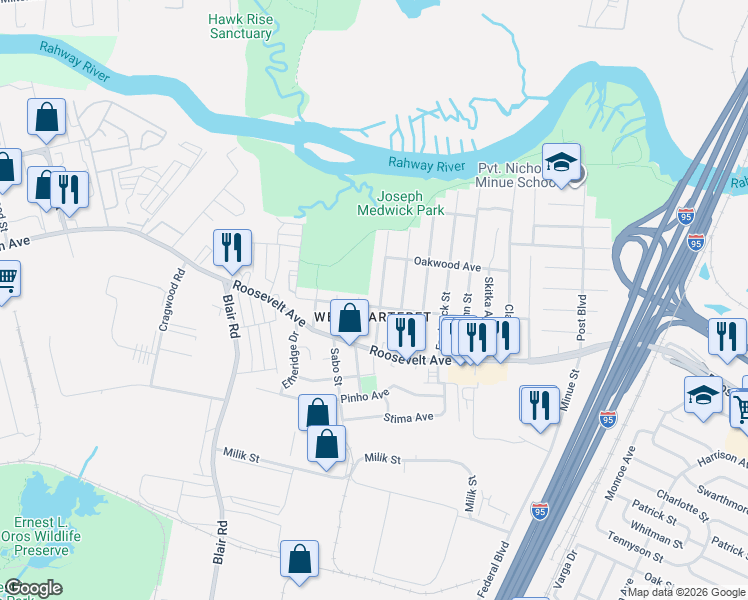 map of restaurants, bars, coffee shops, grocery stores, and more near 117 William Street in Carteret