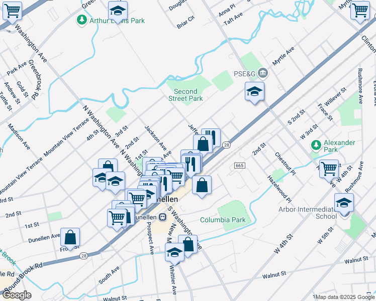 map of restaurants, bars, coffee shops, grocery stores, and more near 156 West Front Street in Dunellen