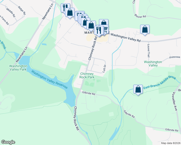 map of restaurants, bars, coffee shops, grocery stores, and more near Chimney Rock Road in Bridgewater Township