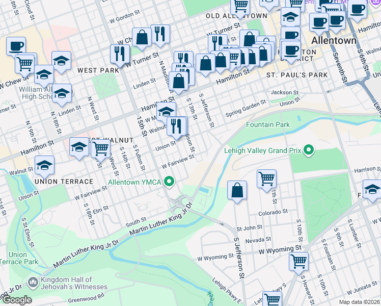 map of restaurants, bars, coffee shops, grocery stores, and more near 315 South Madison Street in Allentown