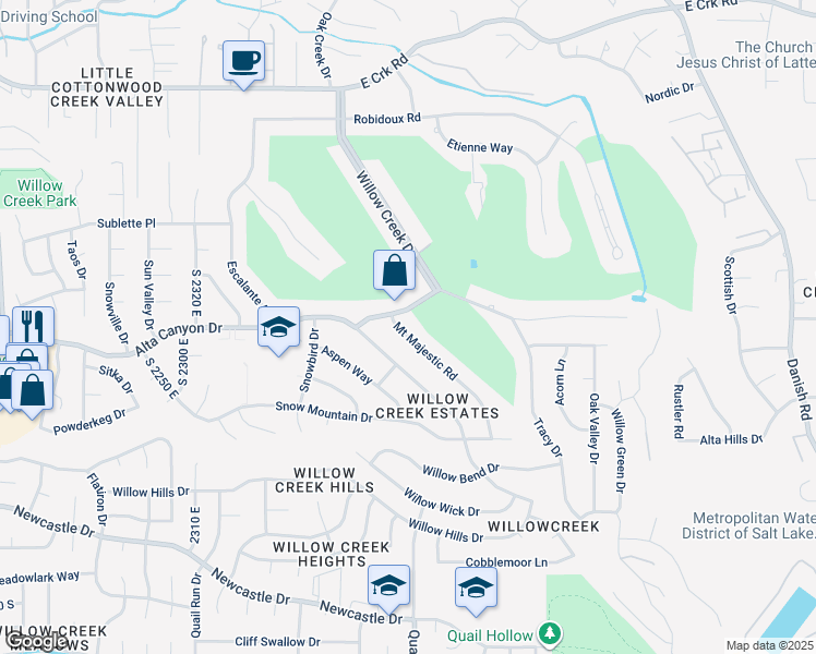 map of restaurants, bars, coffee shops, grocery stores, and more near 8597 Mount Majestic Road in Sandy