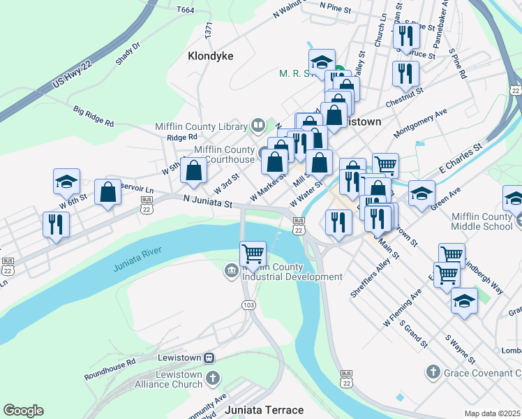 map of restaurants, bars, coffee shops, grocery stores, and more near 135 Mill Street in Lewistown