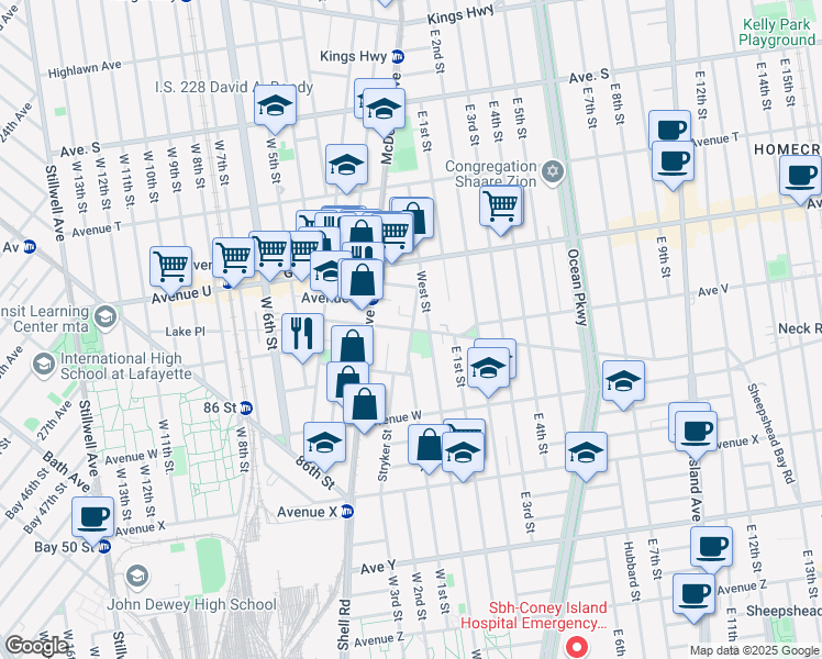 map of restaurants, bars, coffee shops, grocery stores, and more near Village Road East in Brooklyn