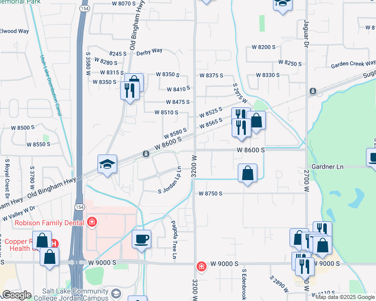 map of restaurants, bars, coffee shops, grocery stores, and more near 3295 8600 South in West Jordan