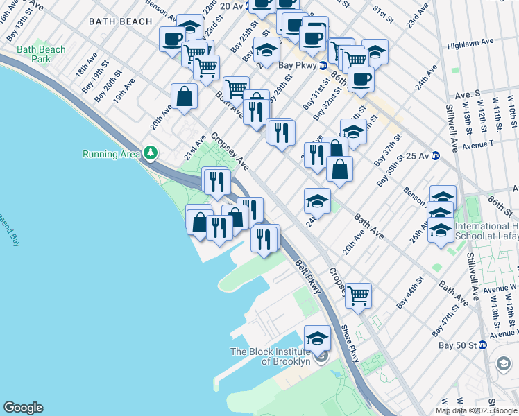 map of restaurants, bars, coffee shops, grocery stores, and more near 1608 Shore Parkway in Brooklyn