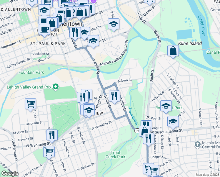 map of restaurants, bars, coffee shops, grocery stores, and more near 522 Harrison Street in Allentown