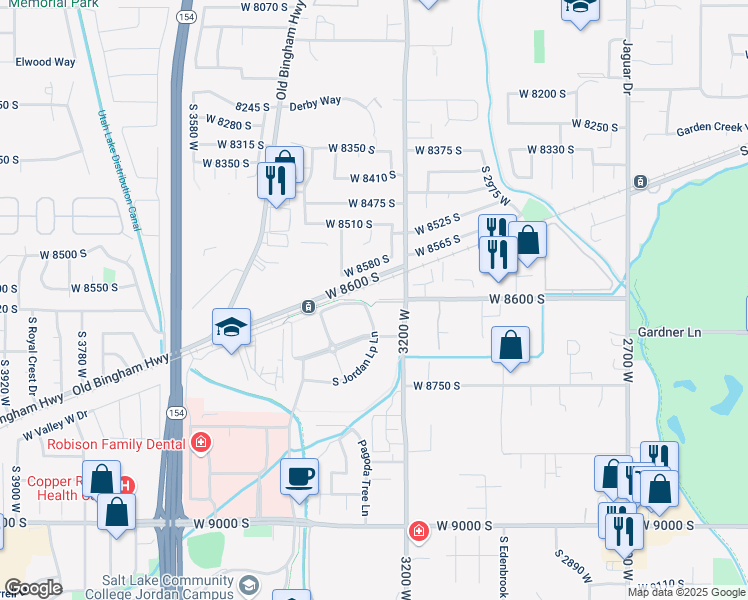 map of restaurants, bars, coffee shops, grocery stores, and more near 3354 West 8600 South in West Jordan