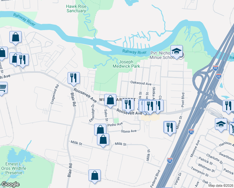 map of restaurants, bars, coffee shops, grocery stores, and more near 109 Bernard Street in Carteret