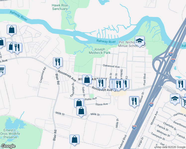 map of restaurants, bars, coffee shops, grocery stores, and more near 117 William Street in Carteret