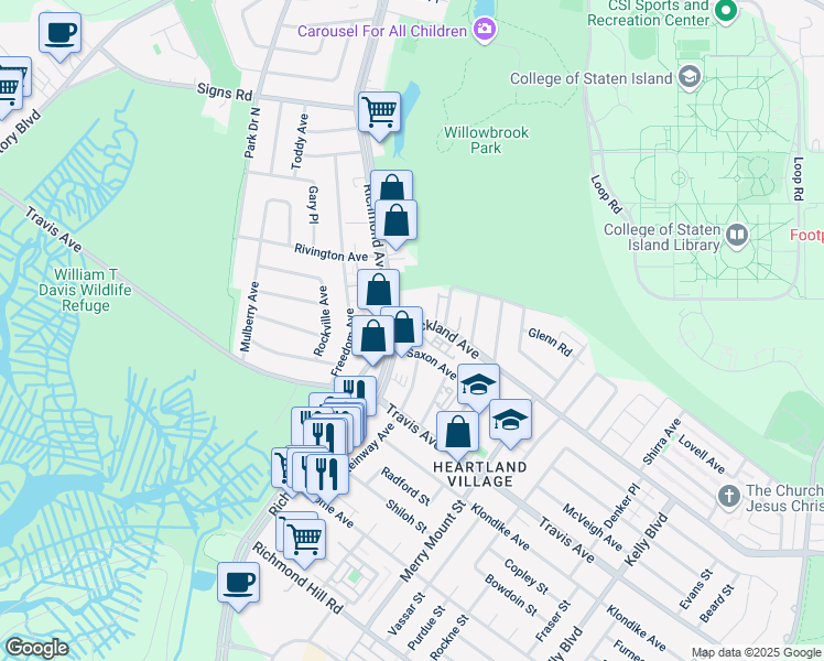 map of restaurants, bars, coffee shops, grocery stores, and more near 2153 Richmond Avenue in Staten Island