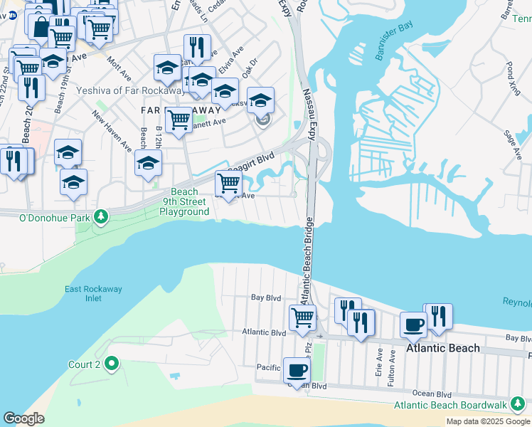 map of restaurants, bars, coffee shops, grocery stores, and more near 1-53 Beach 4th Street in Queens