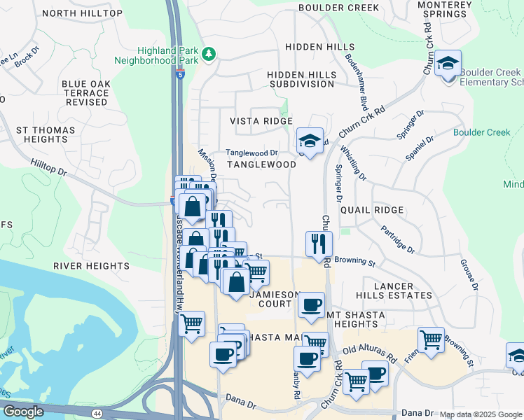 map of restaurants, bars, coffee shops, grocery stores, and more near 890 Canby Road in Redding