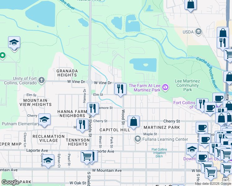 map of restaurants, bars, coffee shops, grocery stores, and more near 517 Wood Street in Fort Collins