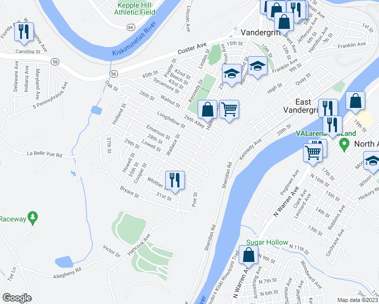 map of restaurants, bars, coffee shops, grocery stores, and more near 207 Emerson Street in Vandergrift