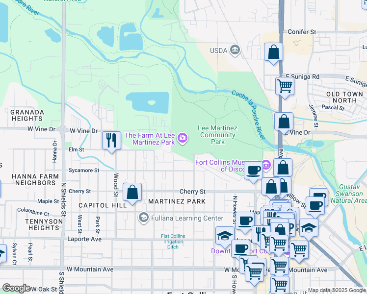 map of restaurants, bars, coffee shops, grocery stores, and more near 600 North Sherwood Street in Fort Collins