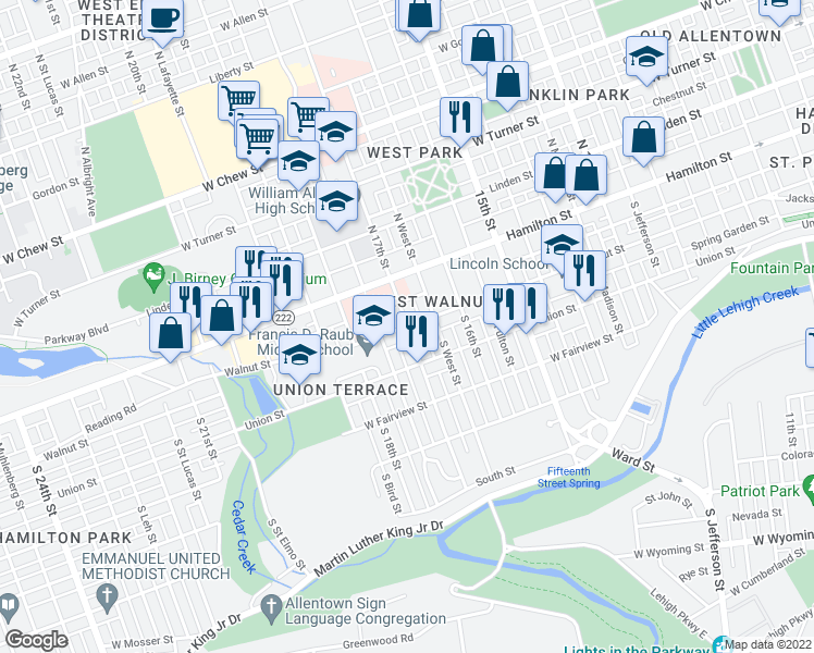 map of restaurants, bars, coffee shops, grocery stores, and more near W Walnut St & S 17th St in Allentown
