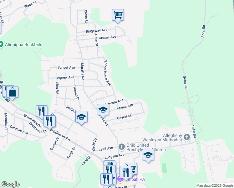map of restaurants, bars, coffee shops, grocery stores, and more near 1107 Vermont Avenue in Aliquippa
