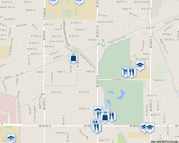 map of restaurants, bars, coffee shops, grocery stores, and more near 2811 West 8600 South in West Jordan