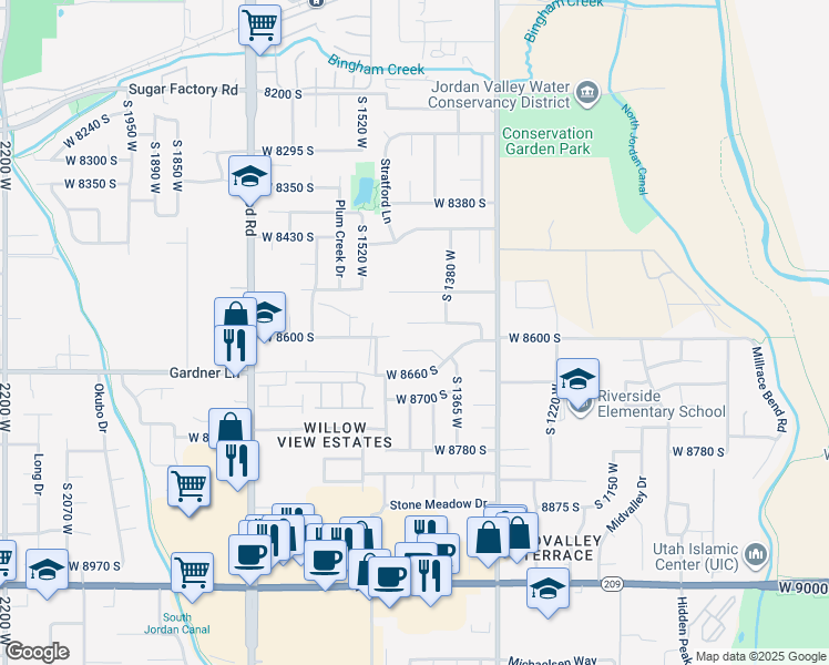 map of restaurants, bars, coffee shops, grocery stores, and more near 1461 West 8620 South in West Jordan