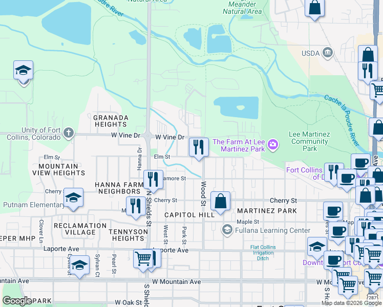 map of restaurants, bars, coffee shops, grocery stores, and more near 517 Wood Street in Fort Collins