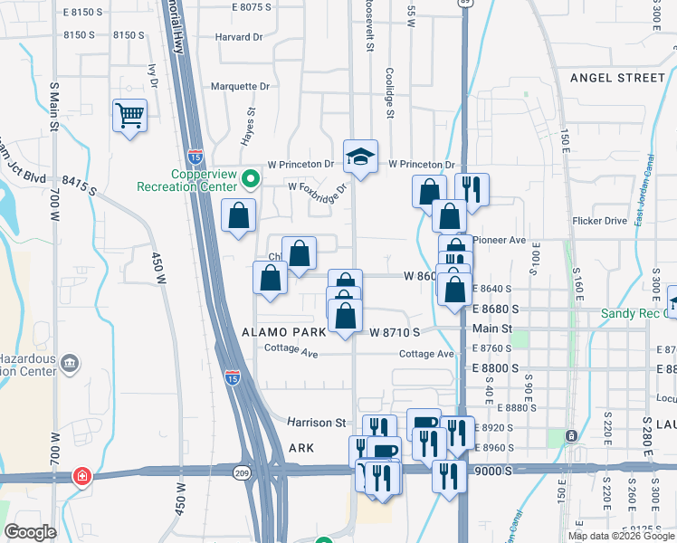 map of restaurants, bars, coffee shops, grocery stores, and more near 8630 South Monroe Street in Sandy
