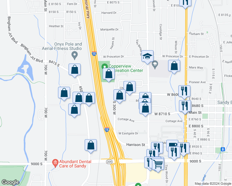 map of restaurants, bars, coffee shops, grocery stores, and more near 8637 Harrison Street in Sandy