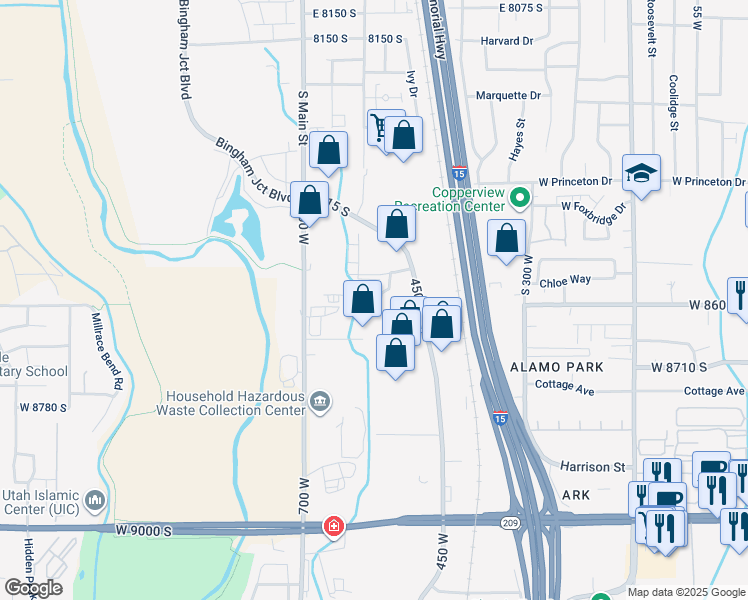 map of restaurants, bars, coffee shops, grocery stores, and more near 8681 700 West in Sandy