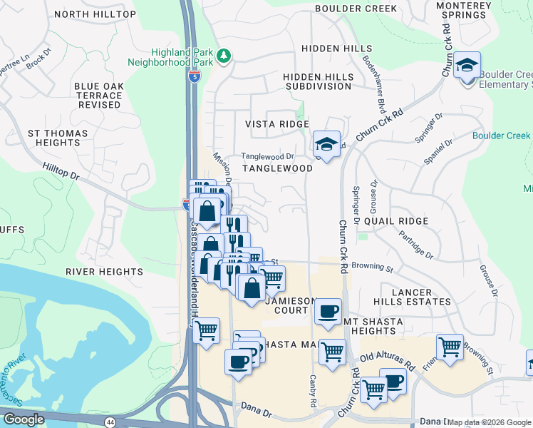 map of restaurants, bars, coffee shops, grocery stores, and more near 895 Mission Sierra Court in Redding