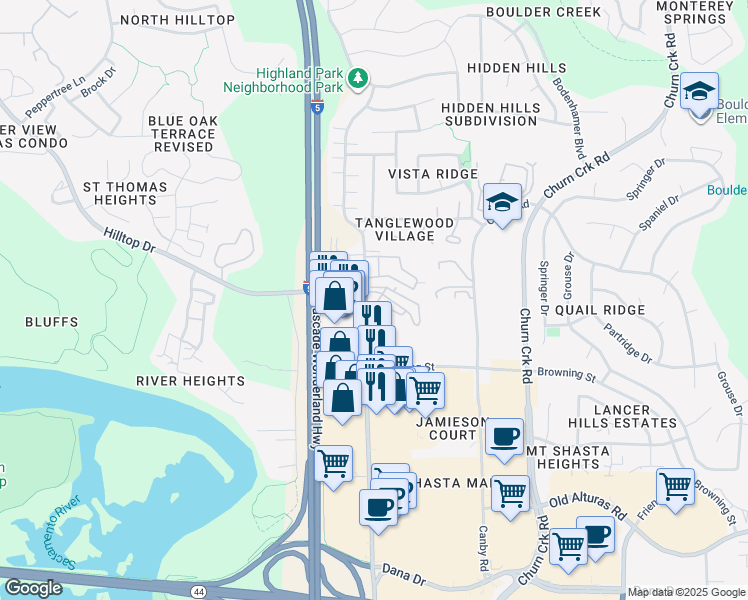 map of restaurants, bars, coffee shops, grocery stores, and more near 801-905 Mission De Oro Drive in Redding