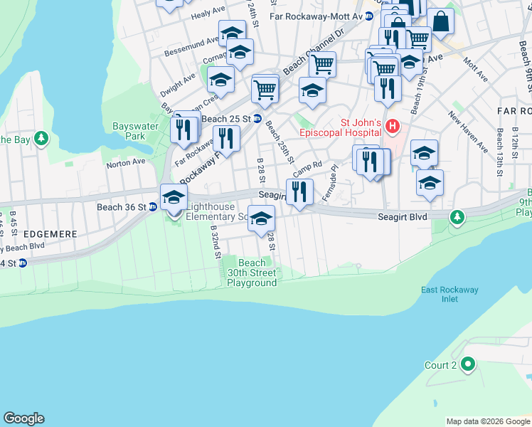 map of restaurants, bars, coffee shops, grocery stores, and more near 160 Beach 29th Street in Queens