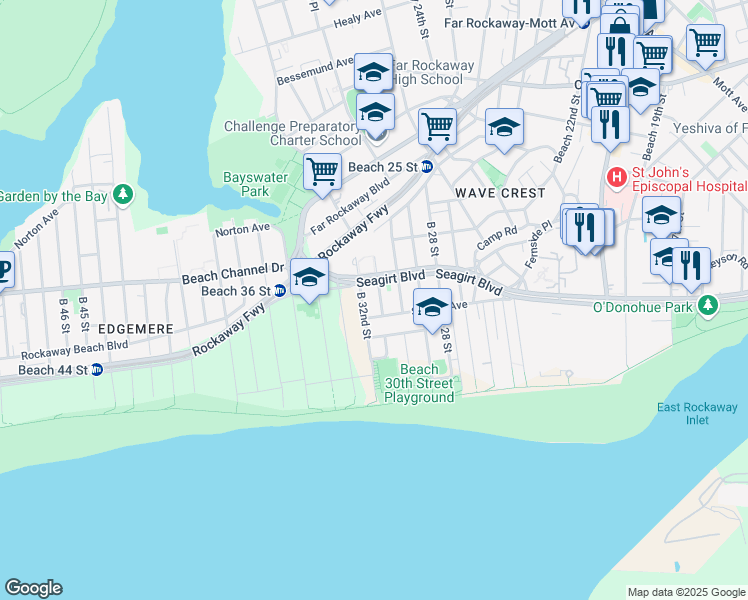 map of restaurants, bars, coffee shops, grocery stores, and more near 31-09 Seagirt Avenue in Queens