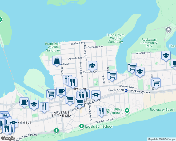 map of restaurants, bars, coffee shops, grocery stores, and more near 449 Beach 66th Street in Queens