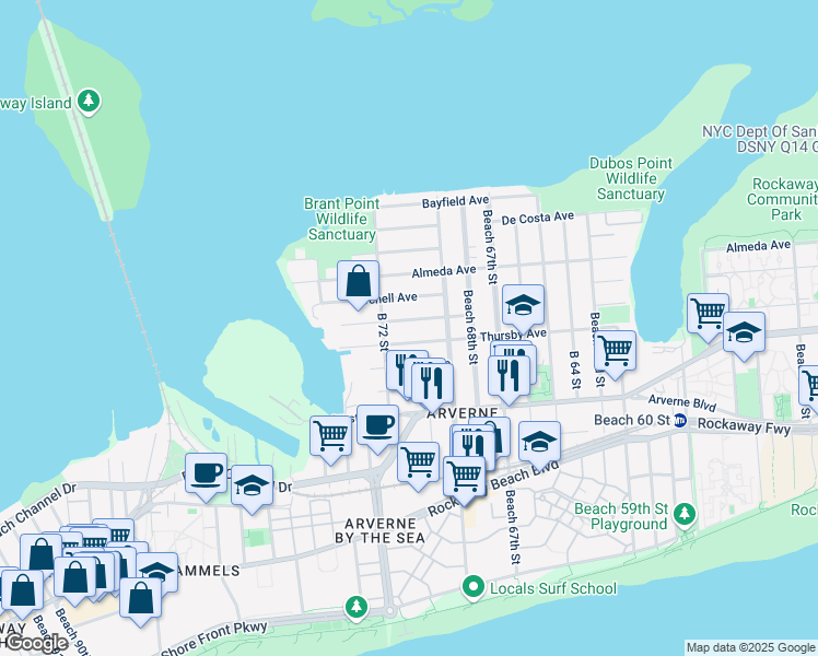 map of restaurants, bars, coffee shops, grocery stores, and more near 69-45 Thursby Avenue in Queens