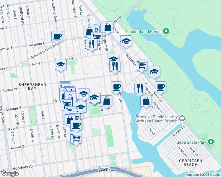 map of restaurants, bars, coffee shops, grocery stores, and more near 3062 Avenue X in Brooklyn