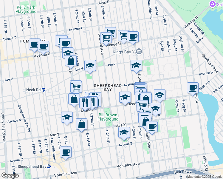 map of restaurants, bars, coffee shops, grocery stores, and more near 4397 Bedford Avenue in Brooklyn