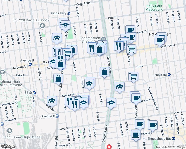 map of restaurants, bars, coffee shops, grocery stores, and more near 302 Gravesend Neck Road in Brooklyn