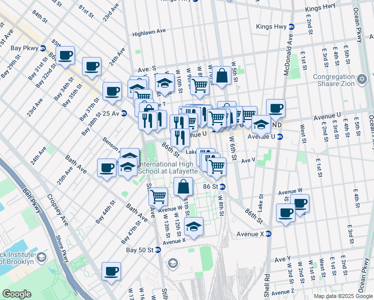 map of restaurants, bars, coffee shops, grocery stores, and more near 2168 West 10th Street in Brooklyn