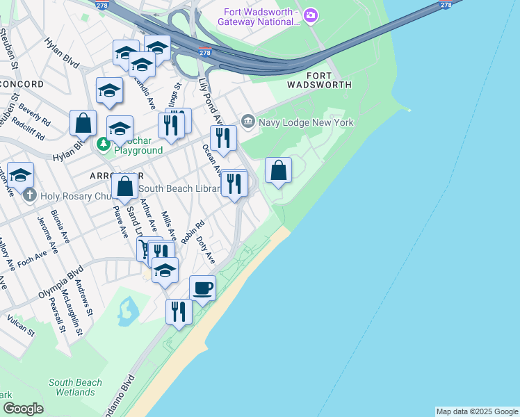 map of restaurants, bars, coffee shops, grocery stores, and more near 173 Ocean Avenue in Staten Island