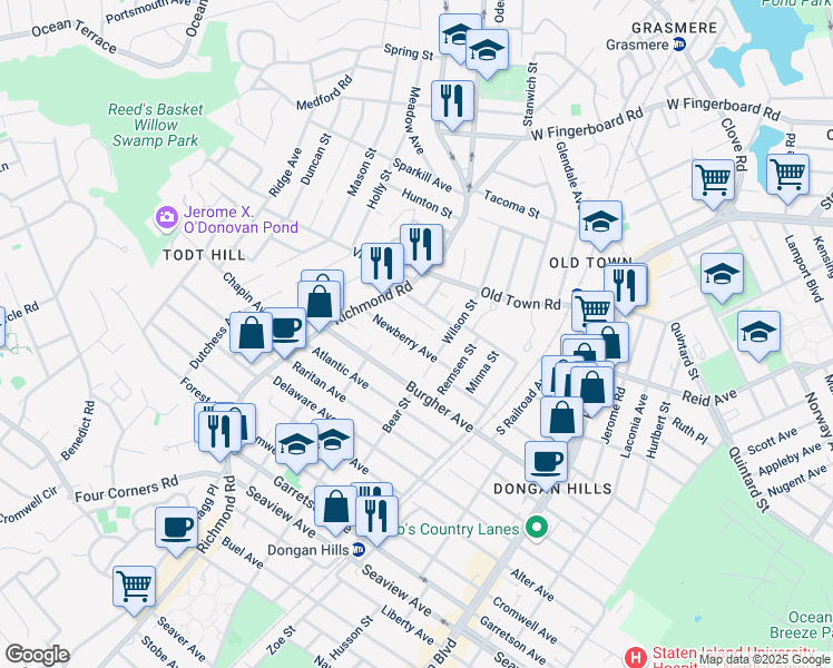 map of restaurants, bars, coffee shops, grocery stores, and more near 62 Newberry Avenue in Staten Island