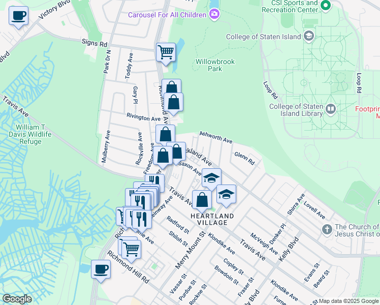 map of restaurants, bars, coffee shops, grocery stores, and more near 1292 Rockland Avenue in Staten Island